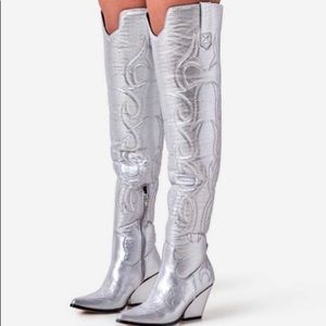 Silver Thigh High Western Boots